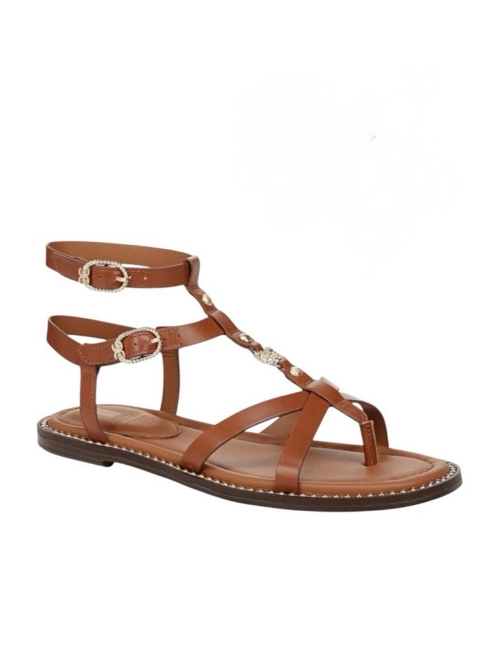 Sam Edelman Talya Brown Leather T-Strap Flat Sandals With Ankle Buckles